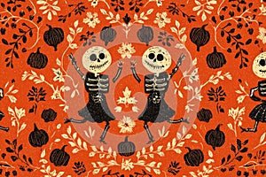 Rustic folk art pattern of pumpkin spirits and dancing skeletons on an orange background