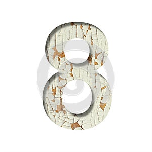 Rustic font. Digit eight, 8 cut out of paper on the background of old rustic wall with peeling paint and cracks. Set of simple