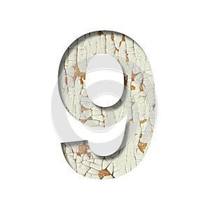 Rustic font. Digit nine, 9 cut out of paper on the background of old rustic wall with peeling paint and cracks. Set of simple