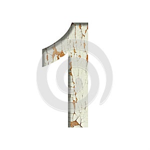 Rustic font. Digit one, 1 cut out of paper on the background of old rustic wall with peeling paint and cracks. Set of simple