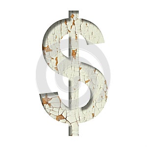 Rustic font. Dollar money business symbol cut out of paper on the background of old rustic wall with peeling paint and cracks. Set