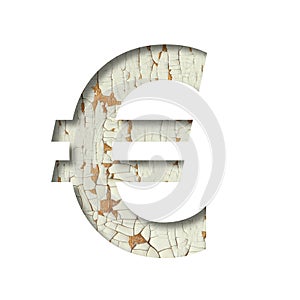 Rustic font. Euro money business symbol cut out of paper on the background of old rustic wall with peeling paint and cracks. Set