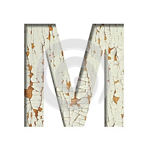 Rustic font. The letter M cut out of paper on the background of old rustic wall with peeling paint and cracks. Set of simple