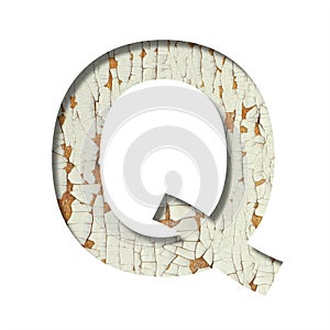 Rustic font. The letter Q cut out of paper on the background of old rustic wall with peeling paint and cracks. Set of simple