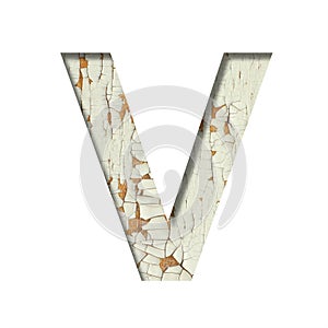 Rustic font. The letter V cut out of paper on the background of old rustic wall with peeling paint and cracks. Set of simple