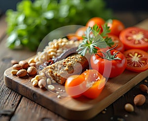 Rustic Food Composition Featuring Fresh Vegetables, Nuts, and Grains
