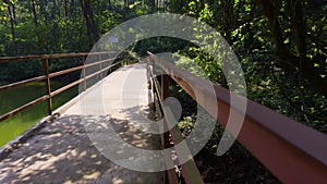 Rustic footbridge over a tranquil river surrounded by lush greenery in a serene natural setting