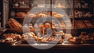 A rustic French bakery with an abundance of fresh baked goods generated by AI