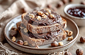 Rustic French bread slices with nuts and chocolate spread on ceramic plate