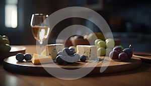 Rustic French gourmet still life: wine, cheese, bread, and fruit generated by AI