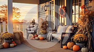 A rustic front porch of a country house in Autumn