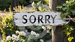Rustic Garden Entrance: Wooden Post with Apologetic Sign Saying Sorry photo