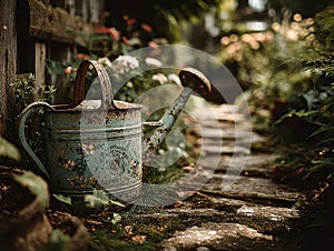 Rustic garden scene with vintage watering can on stone path, soft green grass, dappled sunlight, lush greenery in the background photo
