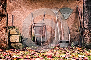 Rustic garden tools against a wall in autumn vintage process