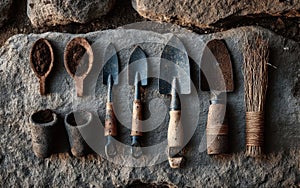 Rustic Gardening Tools on Stone Background
