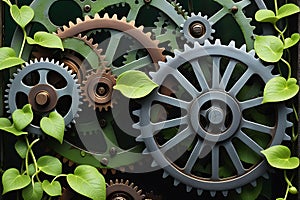 Rustic Gears Interlocked with Delicate Vines Symbolizing the Merge of Industrial and Natural Elements