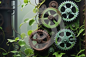 Rustic Gears Interlocked with Delicate Vines Symbolizing the Merge of Industrial and Natural Elements
