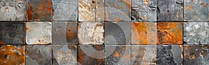 Rustic Geometric Tile Mosaic on Weathered Concrete Wall - Brown & Gray Stone Texture Backdrop