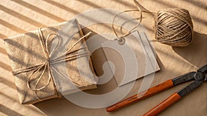 Rustic gift wrapping with twine and tools