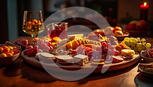 A rustic gourmet meal meat, bread, wine, and fresh fruit generated by AI