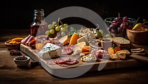 A rustic gourmet meal prosciutto, salami, cheese, bread, fruit, wine generated by AI