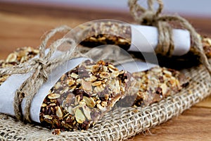 Rustic Granola Bars Stacked and on Burlap with Twine