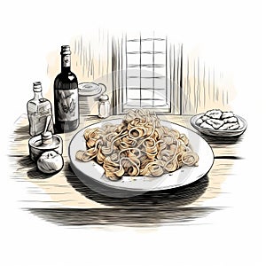 Rustic Graphic Novel Style Drawing Of Pasta On A Bar