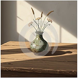 A rustic, green ceramic vase sits on a wooden tabletop, holding a simple arrangement