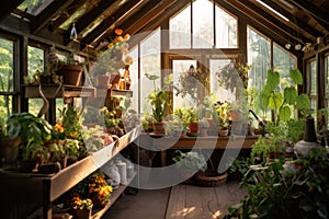 rustic greenhouse filled with vibrant plants