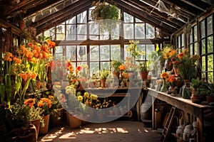 rustic greenhouse filled with vibrant plants