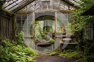 rustic greenhouse with overgrown plants and moss