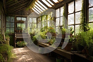 rustic greenhouse with overgrown plants and moss