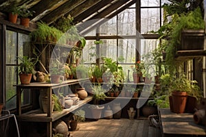 rustic greenhouse with potted plants on shelves