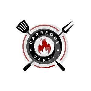 Rustic Grill Barbeque invitation party barbecue bbq with crossed fork spatula and fire flame Logo design photo