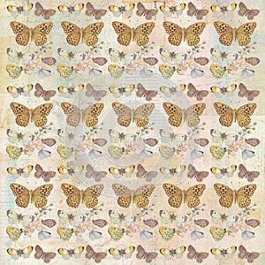 Rustic grungy botanical butterfly repeating background pattern