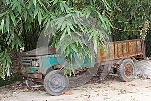 Rustic grungy truck in the bamboo jungle in Daxu, China