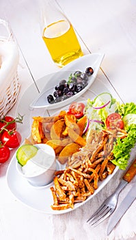 A Rustic gyros plate it green salad and potato wedges