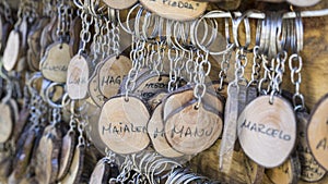 Rustic, Handmade keyrings with diversity of people& x27;s names, hand