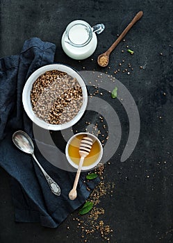 Rustic healthy breakfast set. Cooked buckwheat