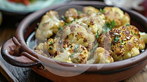 A rustic and hearty dish of cauliflower slowroasted over a roaring fire until golden brown and crispy. Drizzled with a photo