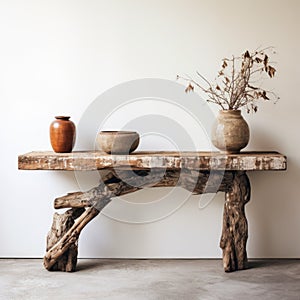 Rustic Hemp Console Table With Driftwood, Stones, And Juju Beads