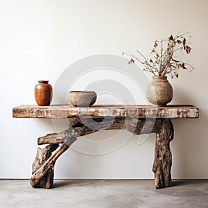 Rustic Hemp Console Table With Driftwood, Stones, And Juju Beads photo