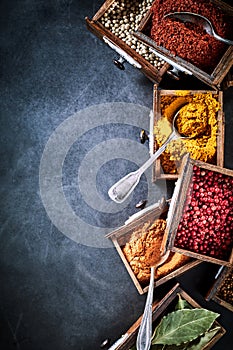 Rustic herb and spices still life on slate