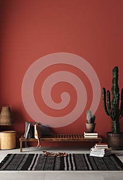 Rustic Home interior mockup with bench,chairs and decor in red room