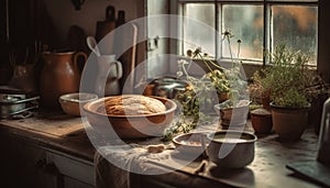 Rustic homemade bread on wooden table in old farmhouse kitchen generated by AI