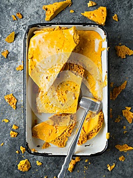 Rustic homemade golden honeycomb toffee