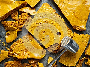 Rustic homemade golden honeycomb toffee