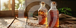 Rustic Honey Bottles on Wooden Table