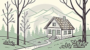 Rustic House in Bare Winter Forest, vector design Generative AI