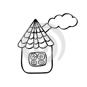 Rustic house with chimney and smoke in black and white, isolated simple hand drawn vector illustration in doodle style